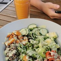 Make your own salad (Quinoa, mixed salad, avocado, sweet potato, tofu, cucumber, tomato and avocado dressing) and a citrus juice at Naturo Healthy Food in Sibiu