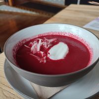 Beetroot cream soup with radish and coconut milk ❤️ at Strh Cafe & Gallery in Zakopane