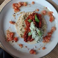 Tostada with bbq jackfruit, tomatoes salsa and broad bean paste at Strh Cafe & Gallery in Zakopane