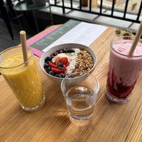 Acai bowl, yellow and pink smoothie   at Strh Cafe & Gallery in Zakopane