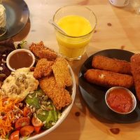 Buddha bowl (with added southern fried popcorn chick'n) and AMAZING mozzarella sticks on the side #Veganuary at The Sinful Vegan in Jersey