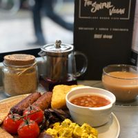 Just had the best Full English ever! My lady had the Breakfast Roll and she loved it. Seitan Falcon, Sausages and even tofu scrambled eggs.  Fleetwood Mac on the radio too ***** at The Sinful Vegan in Jersey