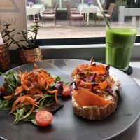 ‘Smoked no salmon’ on sough dough and green juice 😍  at The Sinful Vegan in Jersey