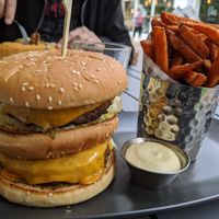Big Mac style burger, sweet potato fries and garlic mayo, so damn good at The Sinful Vegan in Jersey