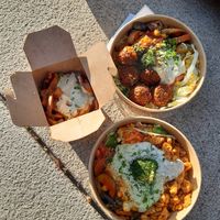 Sweet potato fries, falafel plate, seitan plate at Veggie Liebe in Freiburg