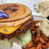 My burger and sweet fries   at Veggie Liebe in Freiburg