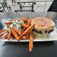 Seitan-Cheeseburger w/ sweet potato fries  at Veggie Liebe in Freiburg
