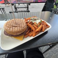 Seitan-Cheeseburger w/ sweet potato fries  at Veggie Liebe in Freiburg