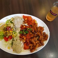 Seitan plate and homemade chia seed ice tea at Veggie Liebe in Freiburg
