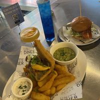 Vegan fish and chips and roast chicken burger at Unity Diner in East London