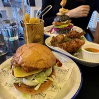 VFC and Fish Burger, chikken drumsticks and fries at Unity Diner in East London