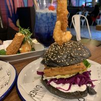 Tofish stack burger (tofish fillet, calamari & prawn)  at Unity Diner in East London