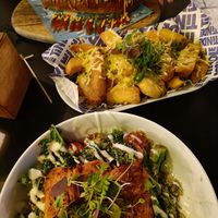 Below: steak and vegs. Middle: cheesy fries. Up: hotdog at Unity Diner in East London