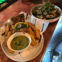 TOFISH & CHIPS and CHIKKEN KALE CAESAR SALAD  at Unity Diner in East London