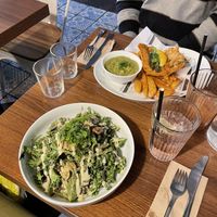 Main : tofush & chips 12/10 and a salad   at Unity Diner in East London