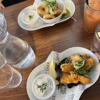 Appetizers : tofush bites and vegan calamari! Amazing recommend!  at Unity Diner in East London