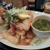 Tofish and chips, which come with tartar sauce and mushy peas. at Unity Diner in East London