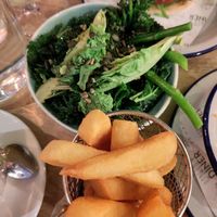Chunky fries (amazing and crispy!), spring greens at Unity Diner in East London
