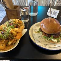 Steak burger and cheese friess  at Unity Diner in East London