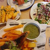 Bacon burger, cheesy fries, fish&chips, tenderstem at Unity Diner in East London