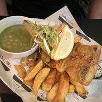 Fish n chips with mushy peas  at Unity Diner in East London