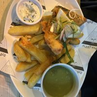 Tofish, chips, mushy peas  at Unity Diner in East London