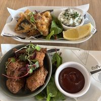 Tofish (top) and popcorn chicken (bottom)  at Unity Diner in East London
