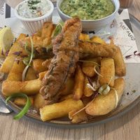Tofish and chips with mushy peas and vegan tartare sauce  at Unity Diner in East London
