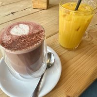 Red velvet latte and mango orange juice   at Unity Diner in East London