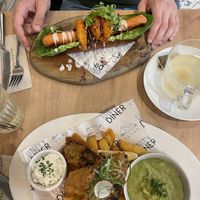 Fish & Chips and Surf & Turf Hot Dog  at Unity Diner in East London