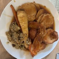 Turkey, carrot, parsnip, roasties, yorkshire pudding, stuffing and plenty of gravy   at Unity Diner in East London