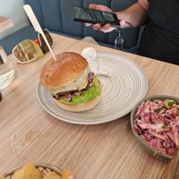 BBQ burger with side coleslaw slaw at Unity Diner in East London