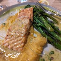 "salmon", swede purée, broccolini at Unity Diner in East London