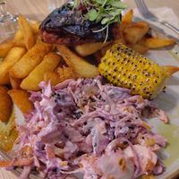 Bbq "ribs", coleslaw, fries, corn cob at Unity Diner in East London