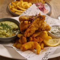 Tofish and chips. Hot dog hiding behind! at Unity Diner in East London