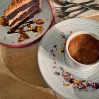 Salted caramel cake and creme brulee at Unity Diner in East London