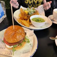 Burger and fish n chipss stole  at Unity Diner in East London