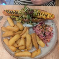 Hot dog and chunky chips at Unity Diner in East London