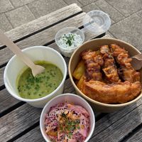 Tofu fish and chips, mushy peas, remoulade and coleslaw  at Unity Diner in East London