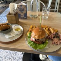 Burger and mozzarella sticks (all vegan)  at Unity Diner in East London