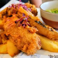 Tofish and chips with mushy peas  at Unity Diner in East London