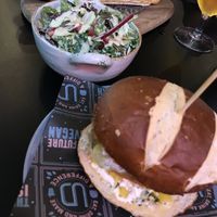 Chicken Burger, Small Ceasar Salad and Hot Dog with Shrimps at Unity Diner in East London