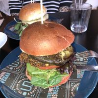 A burger with mushrooms, really nice !  at Unity Diner in East London