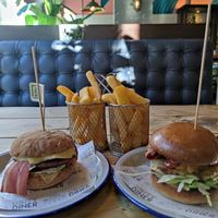 Mountain burger and chicken burger with amazing fries at Unity Diner in East London