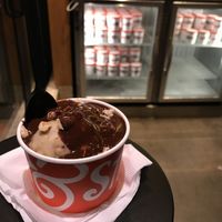 Vegan ice cream with vegan hot fudge at Salt & Straw in Seattle