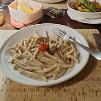 Vegan truffle pasta. Homemade bread and grilled veggies as a side dish. at Groppo in Zadar