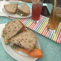 Sandwich with veggies and an amazing vegan pistachio pesto  at Delibaba in Budapest