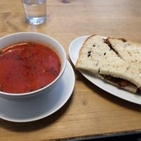 Vegan tomato soup and aubergine sandwich with handmade bread at Delibaba in Budapest