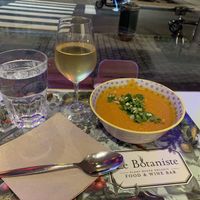 Organic white wine and carrot soup at Le Botaniste - Schuman in Brussels
