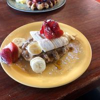 Vegan waffle with fruit at Waffle Me Up in Boise